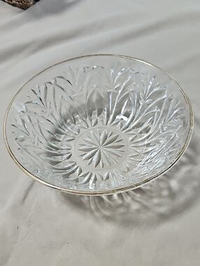 Vintage Clear Cut Glass Serving Bowl with Gold Rim
